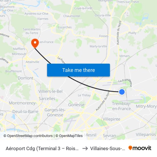 Aéroport Cdg (Terminal 3 – Roissypôle) to Villaines-Sous-Bois map