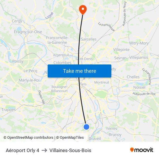 Aéroport Orly 4 to Villaines-Sous-Bois map