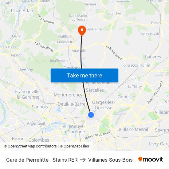 Gare de Pierrefitte - Stains RER to Villaines-Sous-Bois map