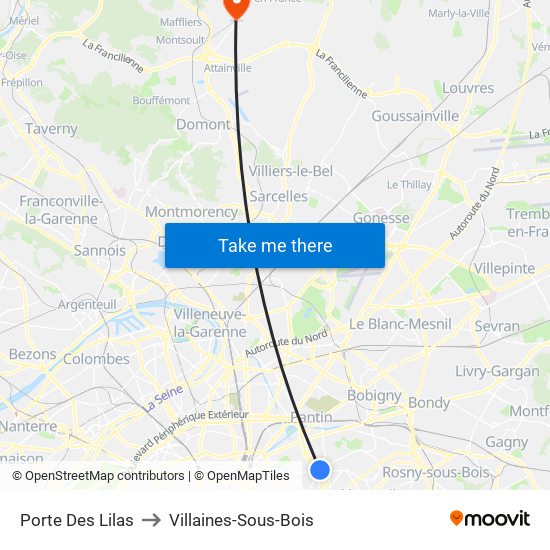 Porte Des Lilas to Villaines-Sous-Bois map