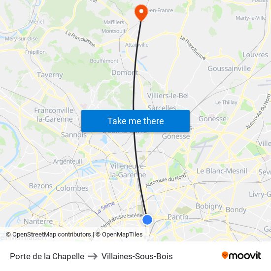 Porte de la Chapelle to Villaines-Sous-Bois map