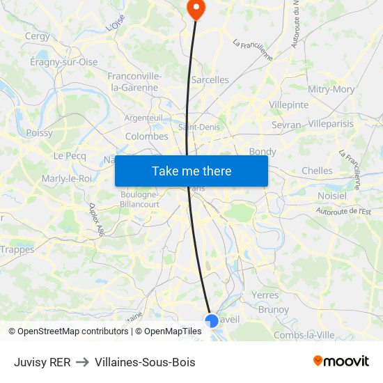 Juvisy RER to Villaines-Sous-Bois map