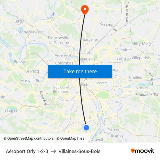 Aéroport Orly 1-2-3 to Villaines-Sous-Bois map