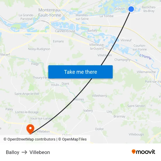 Balloy to Villebeon map
