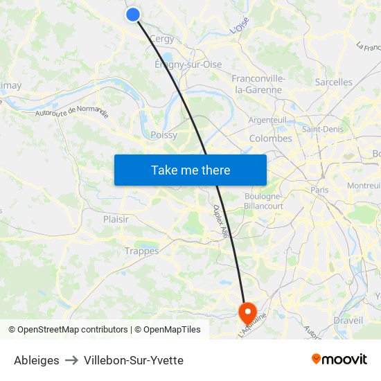 Ableiges to Villebon-Sur-Yvette map