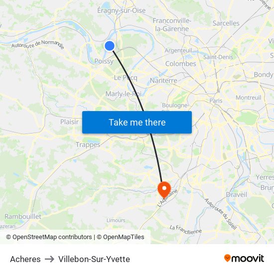 Acheres to Villebon-Sur-Yvette map