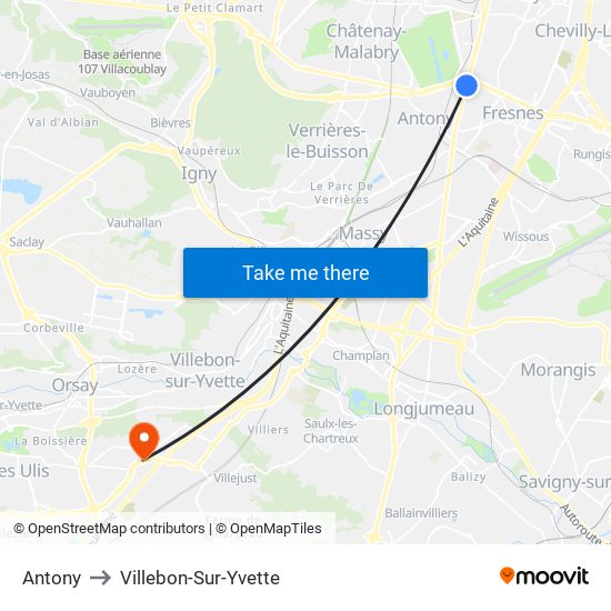 Antony to Villebon-Sur-Yvette map