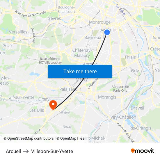 Arcueil to Villebon-Sur-Yvette map