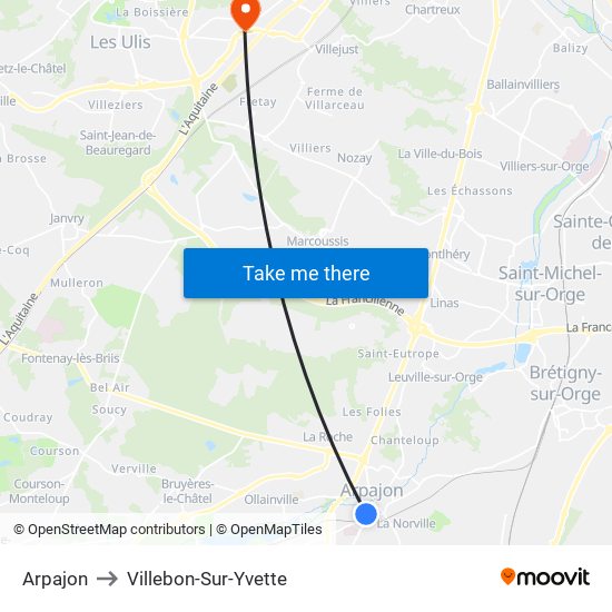 Arpajon to Villebon-Sur-Yvette map