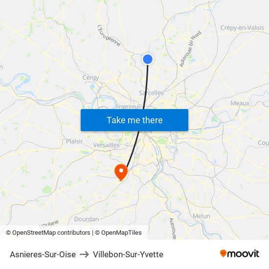 Asnieres-Sur-Oise to Villebon-Sur-Yvette map