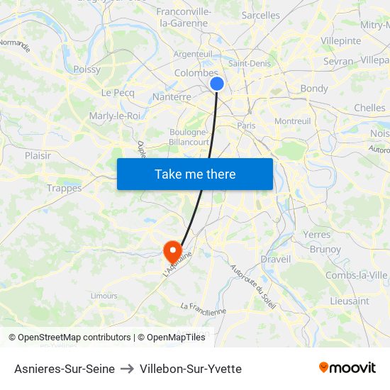 Asnieres-Sur-Seine to Villebon-Sur-Yvette map