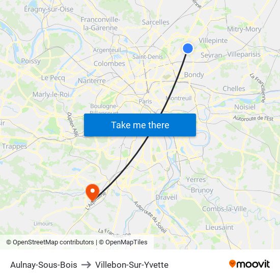 Aulnay-Sous-Bois to Villebon-Sur-Yvette map