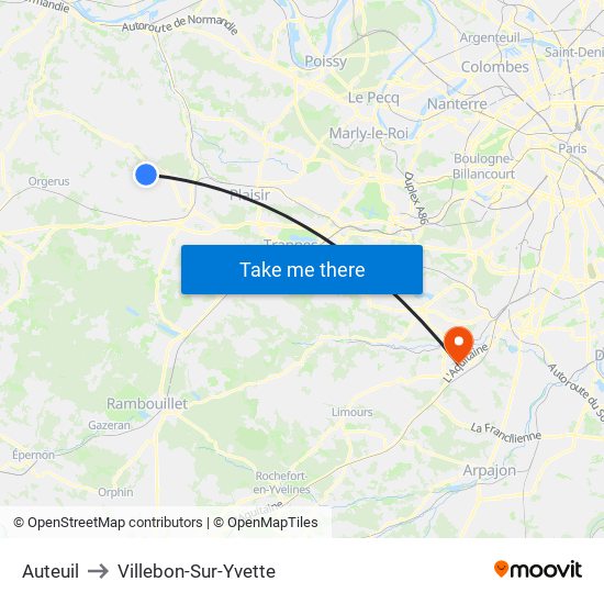 Auteuil to Villebon-Sur-Yvette map