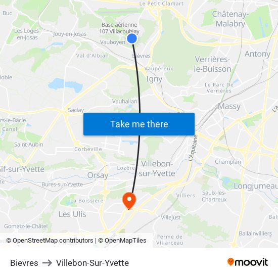 Bievres to Villebon-Sur-Yvette map