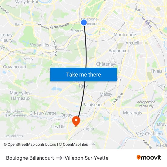 Boulogne-Billancourt to Villebon-Sur-Yvette map