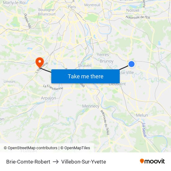 Brie-Comte-Robert to Villebon-Sur-Yvette map
