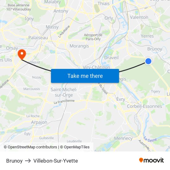 Brunoy to Villebon-Sur-Yvette map