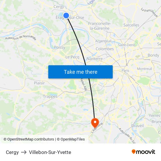 Cergy to Villebon-Sur-Yvette map