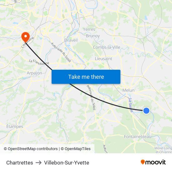 Chartrettes to Villebon-Sur-Yvette map