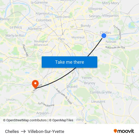 Chelles to Villebon-Sur-Yvette map