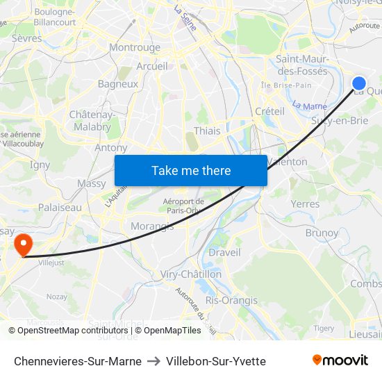Chennevieres-Sur-Marne to Villebon-Sur-Yvette map