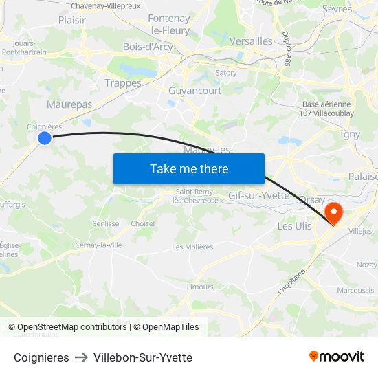 Coignieres to Villebon-Sur-Yvette map