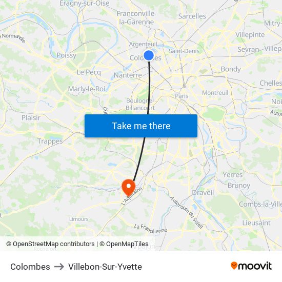 Colombes to Villebon-Sur-Yvette map