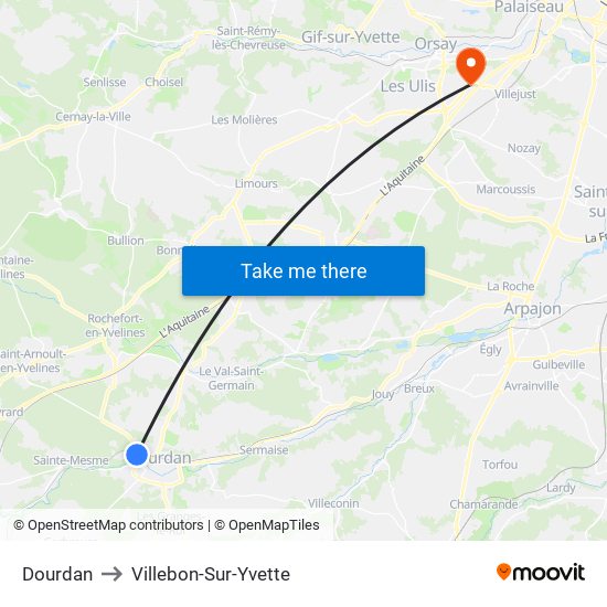 Dourdan to Villebon-Sur-Yvette map