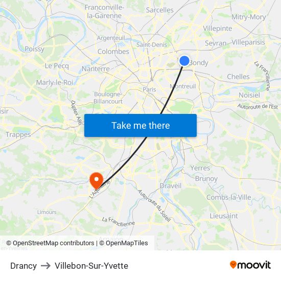 Drancy to Villebon-Sur-Yvette map