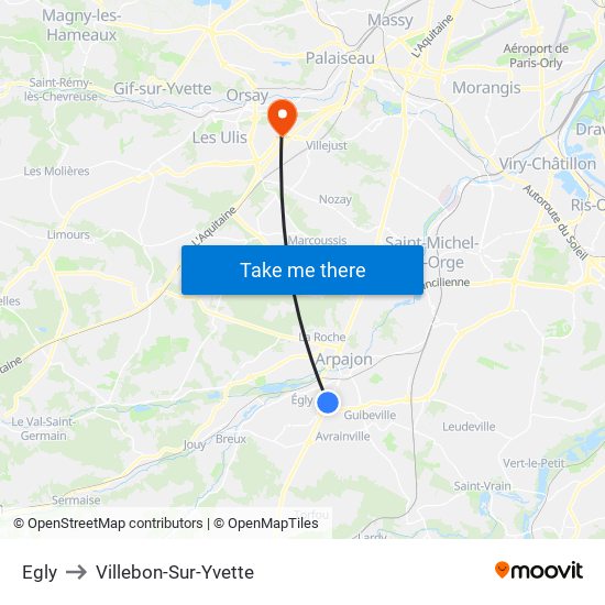 Egly to Villebon-Sur-Yvette map