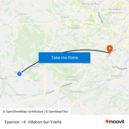 Epernon to Villebon-Sur-Yvette map