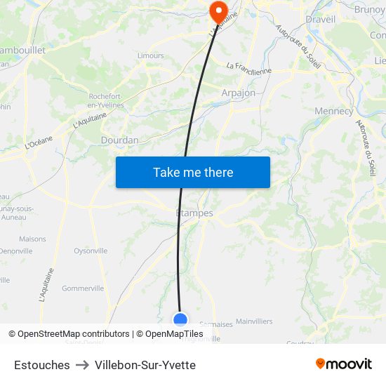Estouches to Villebon-Sur-Yvette map