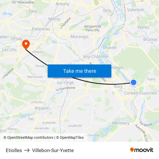 Etiolles to Villebon-Sur-Yvette map