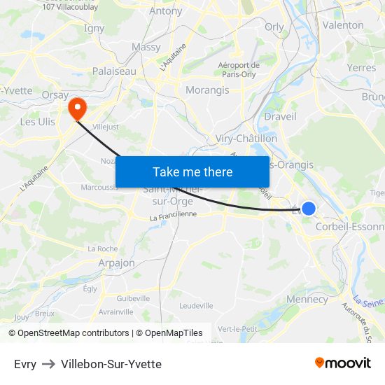 Evry to Villebon-Sur-Yvette map