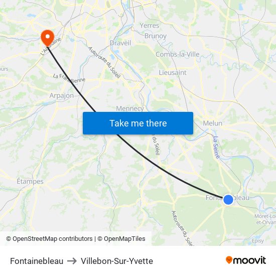 Fontainebleau to Villebon-Sur-Yvette map