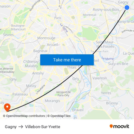 Gagny to Villebon-Sur-Yvette map