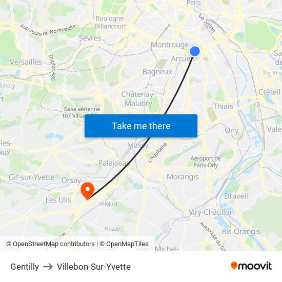 Gentilly to Villebon-Sur-Yvette map