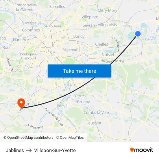 Jablines to Villebon-Sur-Yvette map
