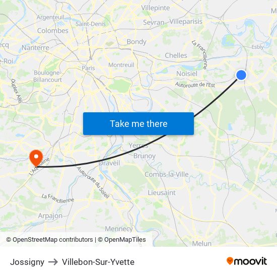 Jossigny to Villebon-Sur-Yvette map