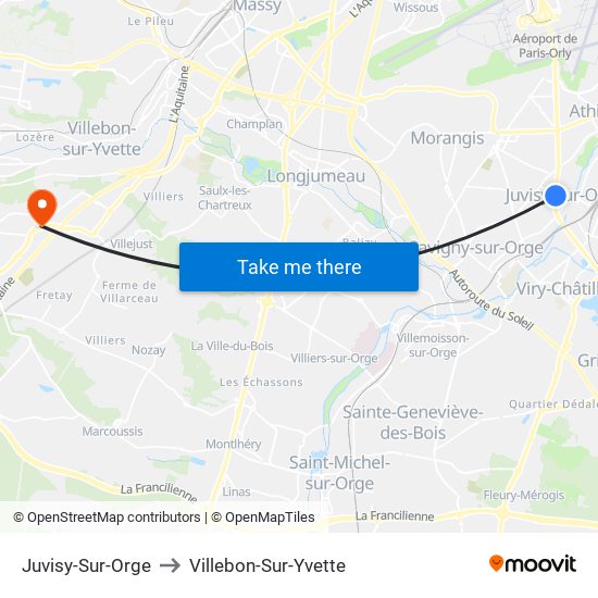 Juvisy-Sur-Orge to Villebon-Sur-Yvette map