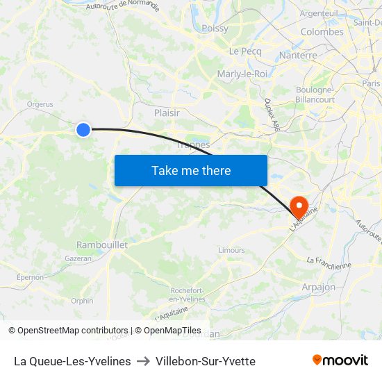 La Queue-Les-Yvelines to Villebon-Sur-Yvette map