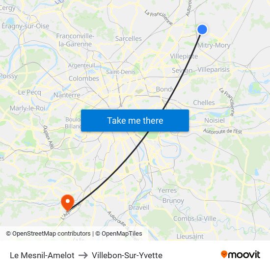 Le Mesnil-Amelot to Villebon-Sur-Yvette map