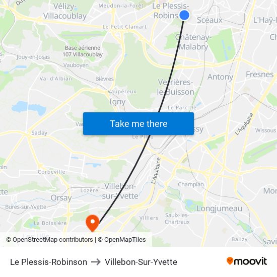 Le Plessis-Robinson to Villebon-Sur-Yvette map