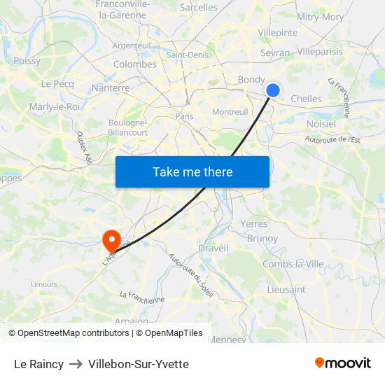 Le Raincy to Villebon-Sur-Yvette map