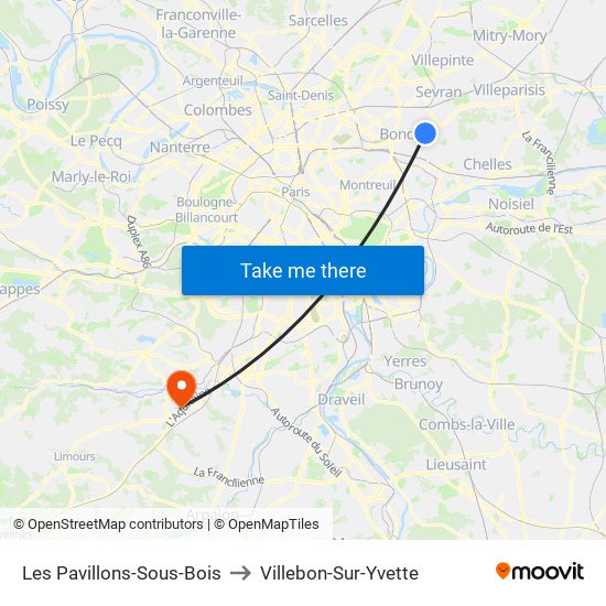 Les Pavillons-Sous-Bois to Villebon-Sur-Yvette map