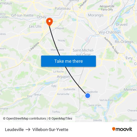 Leudeville to Villebon-Sur-Yvette map