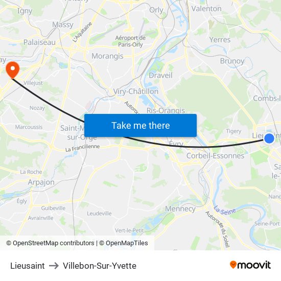 Lieusaint to Villebon-Sur-Yvette map