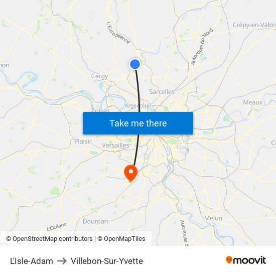 L'Isle-Adam to Villebon-Sur-Yvette map