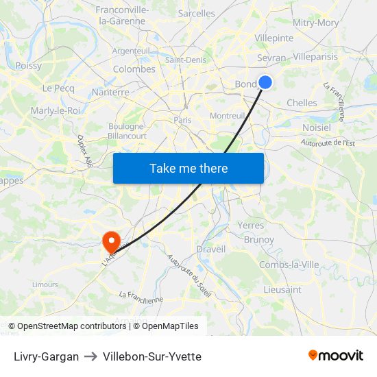 Livry-Gargan to Villebon-Sur-Yvette map