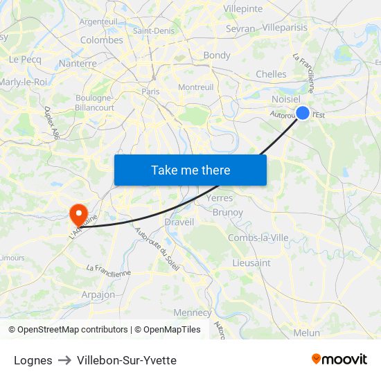 Lognes to Villebon-Sur-Yvette map
